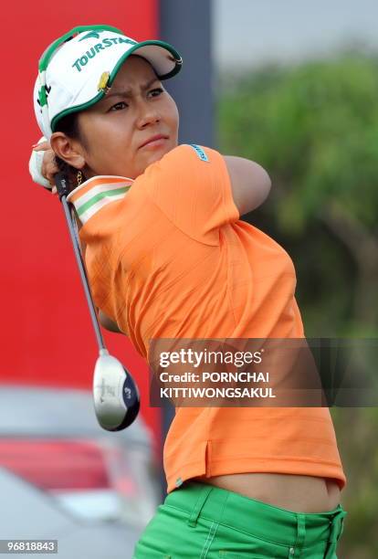 Japanese golfer, Ai Miyazato, tees off during the first day of the Honda-PTT LPGA Thailand 2010 golf tournament, in the Thai resort of Pattaya on...