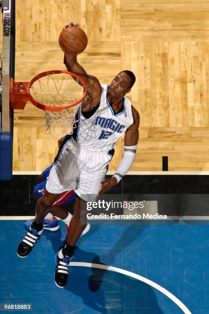 Dwight Howard of the Orlando Magic dunks against the Detroit Pistons during the game on February 17, 2010 at Amway Arena in Orlando, Florida. NOTE TO...