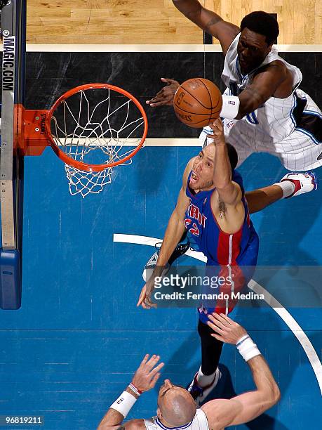 Tayshaun Prince of the Detroit Pistons shoots against the Orlando Magic during the game on February 17, 2010 at Amway Arena in Orlando, Florida. NOTE...