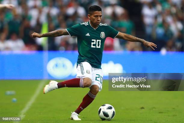 Javier Aquino of Mexico drives the ball during the International Friendly match between Mexico v Scotland at Estadio Azteca on June 2, 2018 in Mexico...