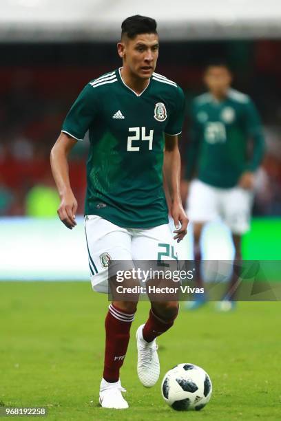 Edson Alvarez of Mexico drives the ball during the International Friendly match between Mexico v Scotland at Estadio Azteca on June 2, 2018 in Mexico...