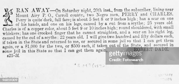 An Advertisement for a Fugitive Slave circa 1872.