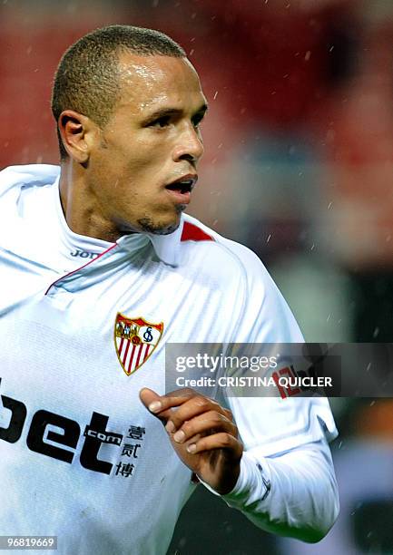 Sevilla's Brazilian forward Luis Fabiano celebrates after scoring against Getafe during a Spanish King�s Cup football match at Sanchez Pizjuan...