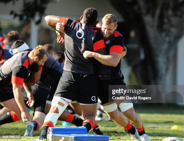 Brad Shields tackles Billy Vunipola during the England training session at Kings Park Stadium on June 6, 2018 in Durban, South Africa.