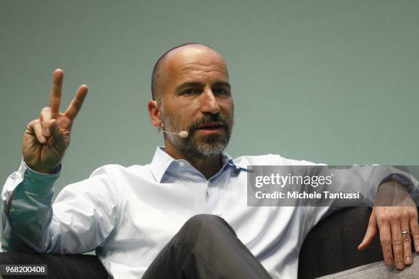 Dara Khosrowshahi, CEO of Uber, speaks at the 2018 NOAH conference on June 6, 2018 in Berlin, Germany. The annual conference brings together...