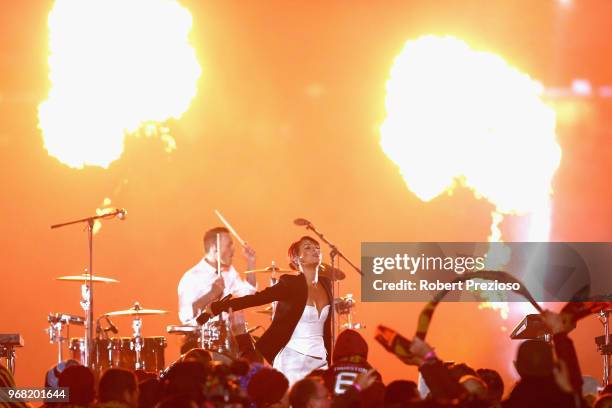 Peking Duk perform during game one of the State Of Origin series between the Queensland Maroons and the New South Wales Blues at the Melbourne...