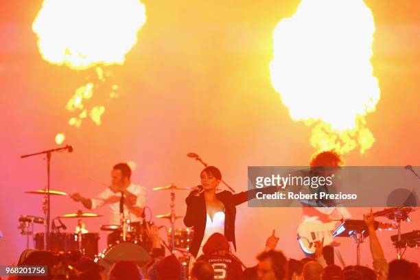 Peking Duk perform during game one of the State Of Origin series between the Queensland Maroons and the New South Wales Blues at the Melbourne...