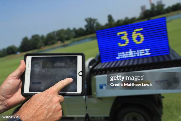 Referee tests the 'Shot Clock' system during the Pro-Am of The 2018 Shot Clock Masters at Diamond Country Club on June 6, 2018 in Atzenbrugg, Austria.