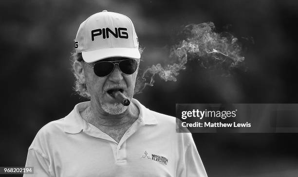 Miguel Angel Jimenez of Spain looks on during the Pro-Am of The 2018 Shot Clock Masters at Diamond Country Club on June 6, 2018 in Atzenbrugg,...