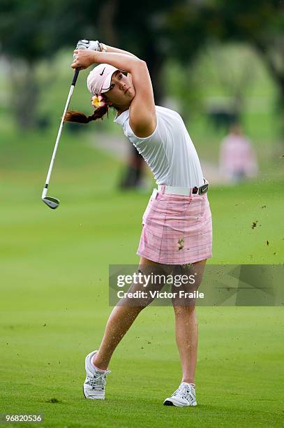 Michelle Wie of the USA plays her second shot on the 2nd hole during the round one of the Honda LPGA Thailand at Siam Country Club on February 18,...