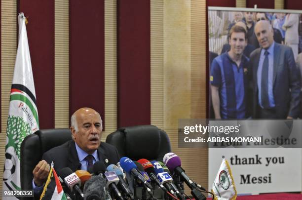 Jibril Rajoub, the head of the Palestinian Football Association, speaks during a press conference in the West Bank city of Ramallah on June 6, 2018....