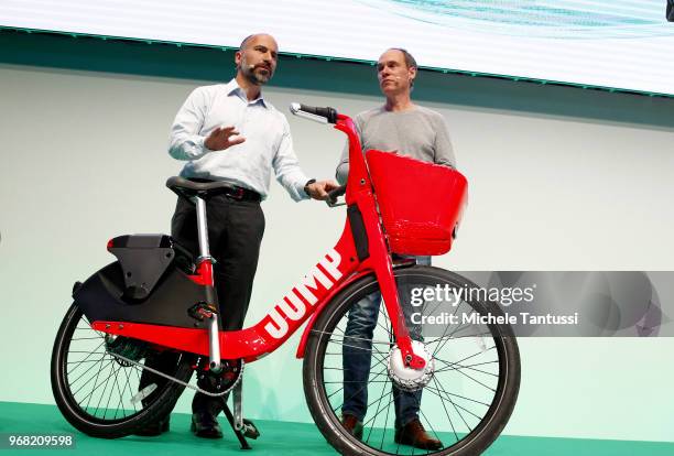 Dara Khosrowshahi, CEO of Uber and Christoph Keese, CEO Axel Springer ecosystem present the new City Bike Sharing service of UBER called Jump at the...