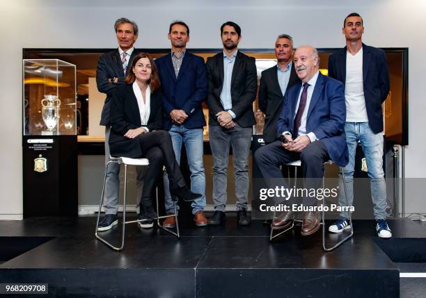 Former Spanish national soccer coach Vicente del Bosque and 'Lobo' Carrasco attend the 'Espacio Seleccion' exhibition at Telefonica flagship store on...