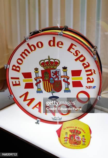 The drum of the Spanish soccer team fan 'Manolo el del bombo' is exhibited at 'Espacio Seleccion' exhibition at Telefonica flagship store on June 6,...