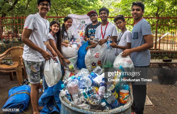 10th slandered students collect plastic waste from Ghatkopar residence on the occasion of World Environment Day, on June 5, 2018 in Mumbai, India....
