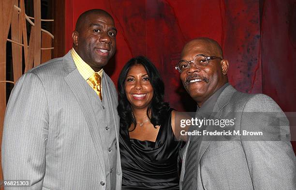 Earvin "Magic" Johnson, his wife Cookie Johnson and actor Samuel L. Jackson attend the "Magic & Bird: A Courtship of Rivals" film premiere after...