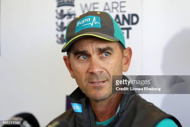 Justin Langer, Manager of Australia speaks to the media during a press conference at Lord's Cricket Ground on June 6, 2018 in London, England.