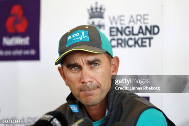 Justin Langer, Manager of Australia speaks to the media during a press conference at Lord's Cricket Ground on June 6, 2018 in London, England.