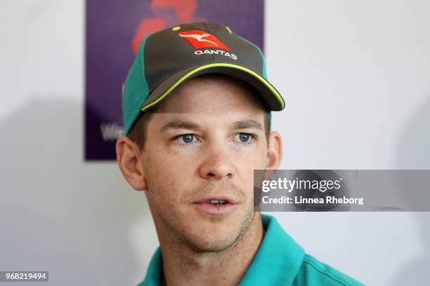 Tim Paine of Australia speaks to the media during a press conference at Lord's Cricket Ground on June 6, 2018 in London, England.