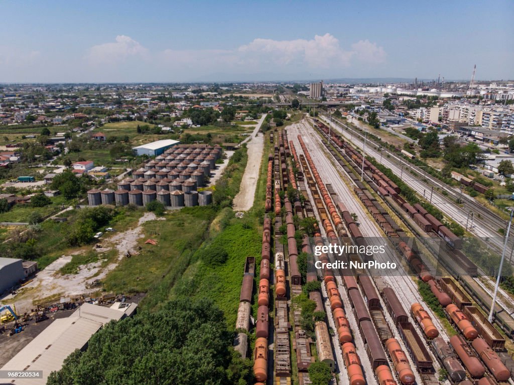 Drone images of abandoned train wagons, Thessaloniki, Greece