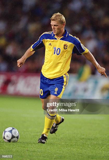 Marcus Allback of Sweden runs with the ball during the International Friendly match against South Africa played at the Rasunda Stadion, in Stockholm,...