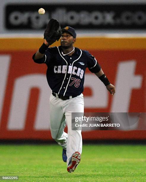 Erold Andrus of Leonesdel Caracas of Venezuela makes an out during during a Caribbean Series match against Leones del Escojidos of Dpmnican Republic...