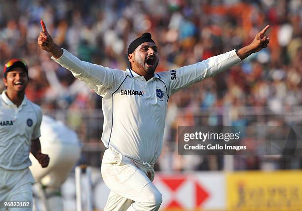 Harbhajan Singh of India celebrates winning the match with 10 balls remaining during day five of the Second Test match between India and South Africa...