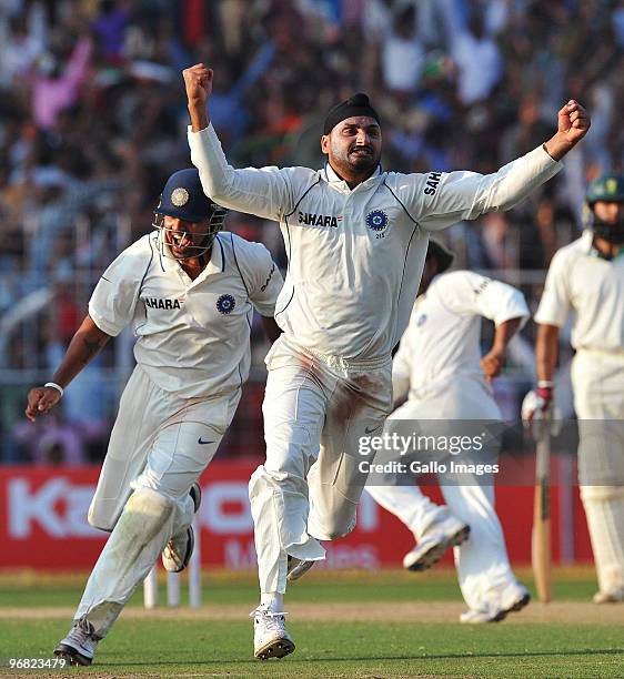 Harbhajan Singh of India celebrates winning the match with 10 balls remaining during day five of the Second Test match between India and South Africa...