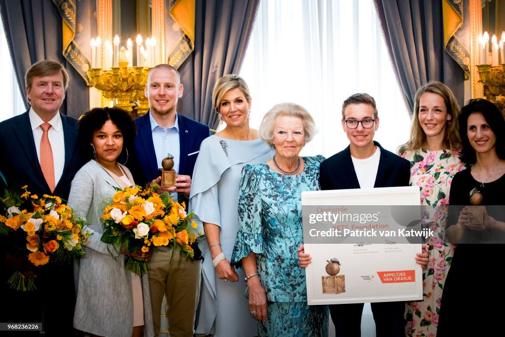 King Willem-Alexander and Queen Maxima at award ceremony appeltjes van Oranje in Palace Noordeinde