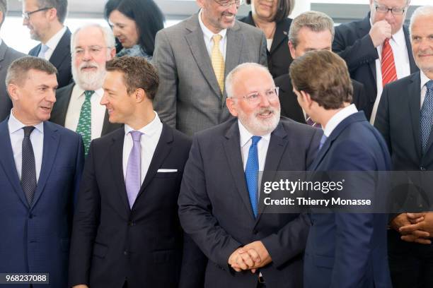 Commission and the Austrian government are posing for a family photo during a visit in the Berlaymont, the EU Commission headquarters on June 6 2018,...