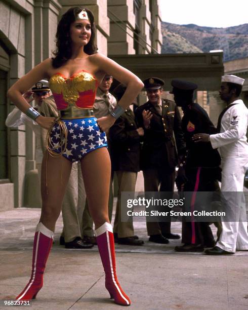 American actress Lynda Carter stars as the titular superhero in the television series 'Wonder Woman', circa 1975.