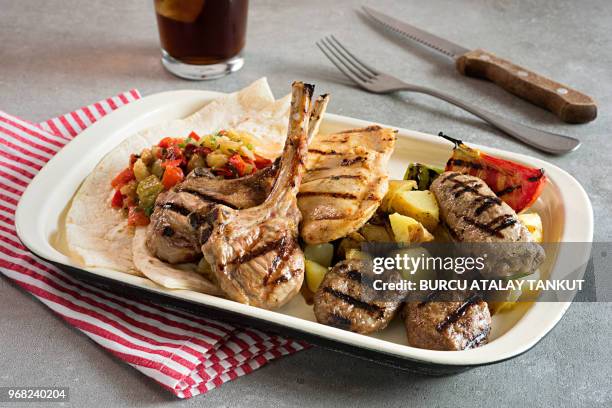 grilled lamb chops, chicken breast and meatballs - lavash stock pictures, royalty-free photos & images