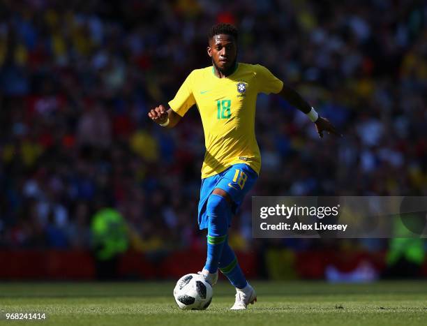 Fred of Brazil runs the ball during the International friendly match between of Croatia and Brazil at Anfield on June 3, 2018 in Liverpool, England.