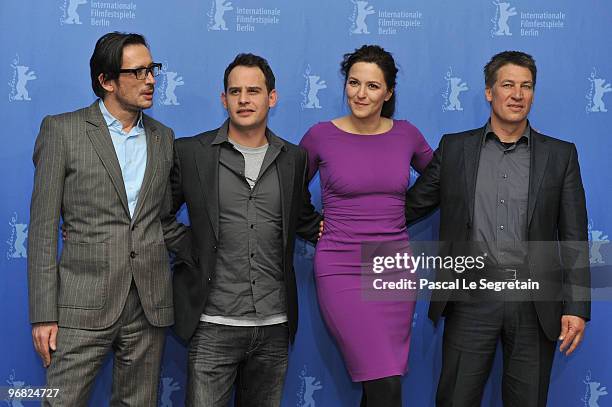 Director Oskar Roehler, actors Moritz Bleibtreu, Martina Gedeck and Tobias Moretti attend the 'Jud Suess Film Ohne Gewissen' Photocall during day...