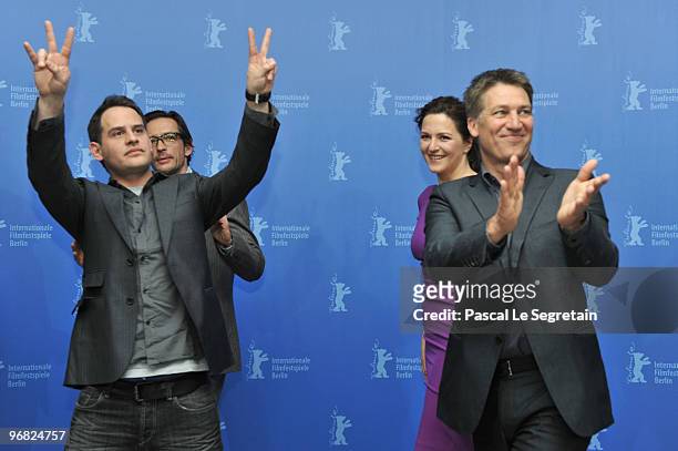Actor Moritz Bleibtreu, director Oskar Roehler, actress Martina Gedeck and Tobias Moretti attend the 'Jud Suess Film Ohne Gewissen' Photocall during...