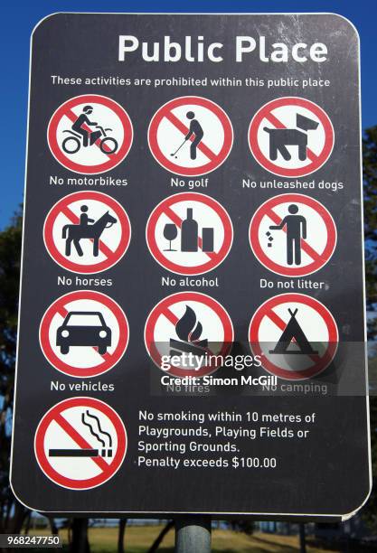 public place sign shows activities prohibited within a public park - australia fires horse stock pictures, royalty-free photos & images