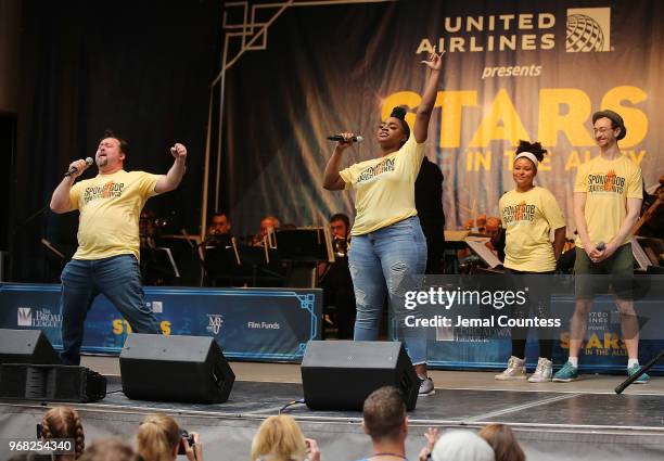 Brian Ray Norris, Jai'Len Christine Li Josey and the cast of SpongeBob Squarepants perform at the United Airlines Presents: #StarsInTheAlley produced...