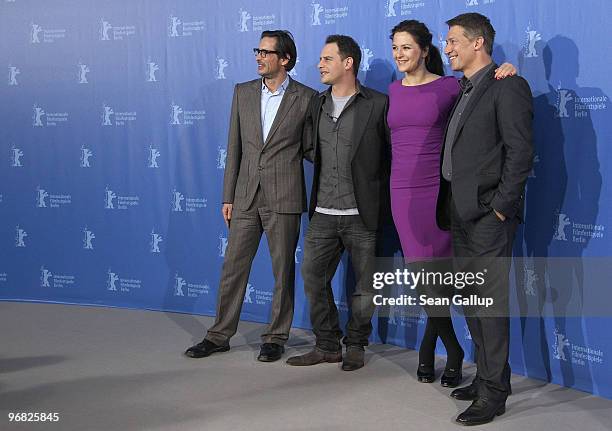 Director Oskar Roehler, actors Moritz Bleibtreu, Martina Gedeck and Tobias Moretti attend the 'Jud Suess Film Ohne Gewissen' Photocall during day...