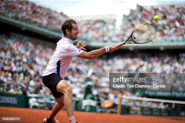 June 2. French Open Tennis Tournament - Day Seven. Richard Gasquet of France in action against Rafael Nadal of Spain on Court Philippe-Chatrier in...