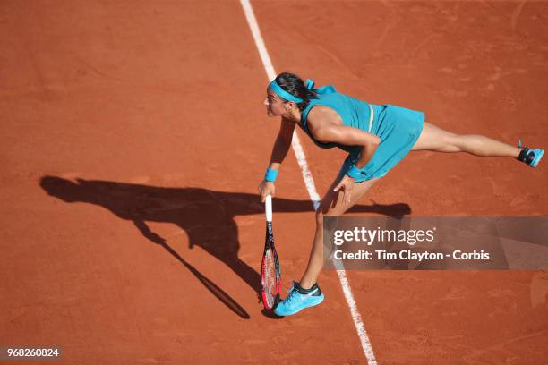 June 2. French Open Tennis Tournament - Day Seven. Caroline Garcia of France in action against Irina-Camelia Begu of Romania in the evening light on...