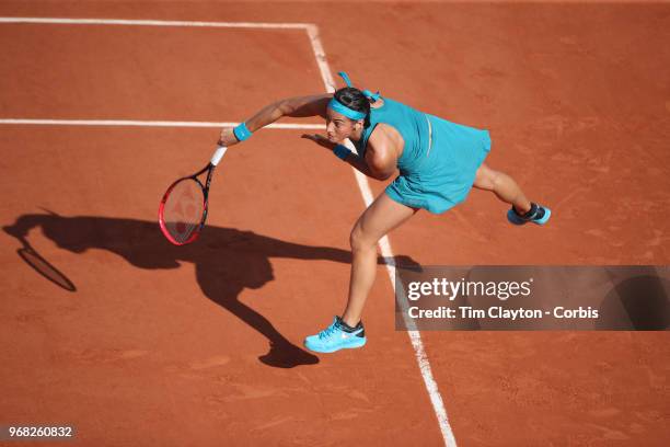 June 2. French Open Tennis Tournament - Day Seven. Caroline Garcia of France in action against Irina-Camelia Begu of Romania in the evening light on...