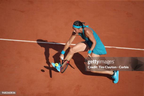 June 2. French Open Tennis Tournament - Day Seven. Caroline Garcia of France in action against Irina-Camelia Begu of Romania in the evening light on...