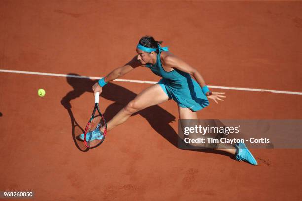 June 2. French Open Tennis Tournament - Day Seven. Caroline Garcia of France in action against Irina-Camelia Begu of Romania in the evening light on...