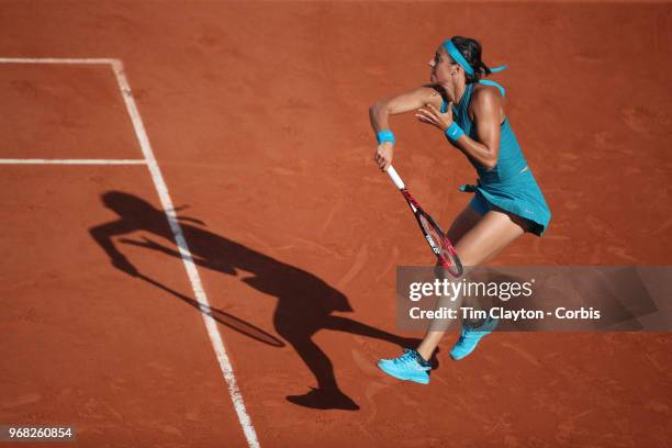 June 2. French Open Tennis Tournament - Day Seven. Caroline Garcia of France in action against Irina-Camelia Begu of Romania in the evening light on...