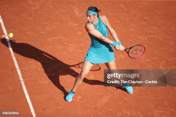 June 2. French Open Tennis Tournament - Day Seven. Caroline Garcia of France in action against Irina-Camelia Begu of Romania in the evening light on...