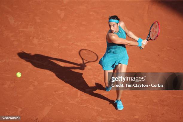 June 2. French Open Tennis Tournament - Day Seven. Caroline Garcia of France in action against Irina-Camelia Begu of Romania in the evening light on...