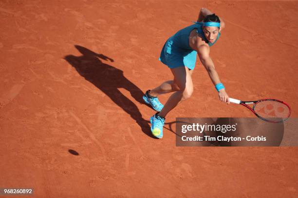 June 2. French Open Tennis Tournament - Day Seven. Caroline Garcia of France in action against Irina-Camelia Begu of Romania in the evening light on...