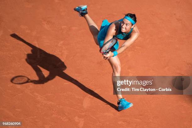 June 2. French Open Tennis Tournament - Day Seven. Caroline Garcia of France in action against Irina-Camelia Begu of Romania in the evening light on...