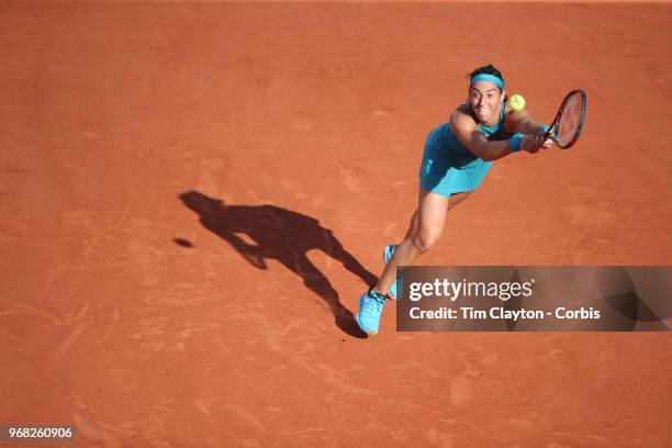 June 2. French Open Tennis Tournament - Day Seven. Caroline Garcia of France in action against Irina-Camelia Begu of Romania in the evening light on...