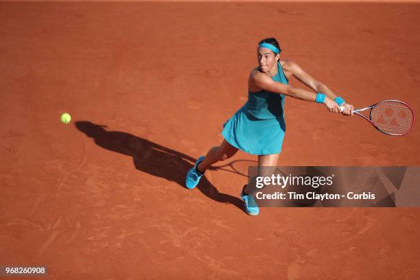 June 2. French Open Tennis Tournament - Day Seven. Caroline Garcia of France in action against Irina-Camelia Begu of Romania in the evening light on...